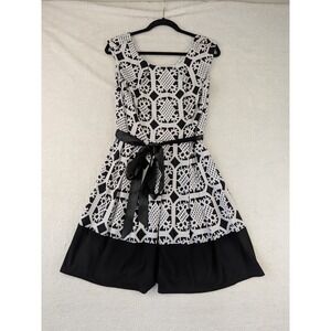 Tiana B Womens Black White Geometric Lattice Print Sleeveless Belted Dress Sz 8